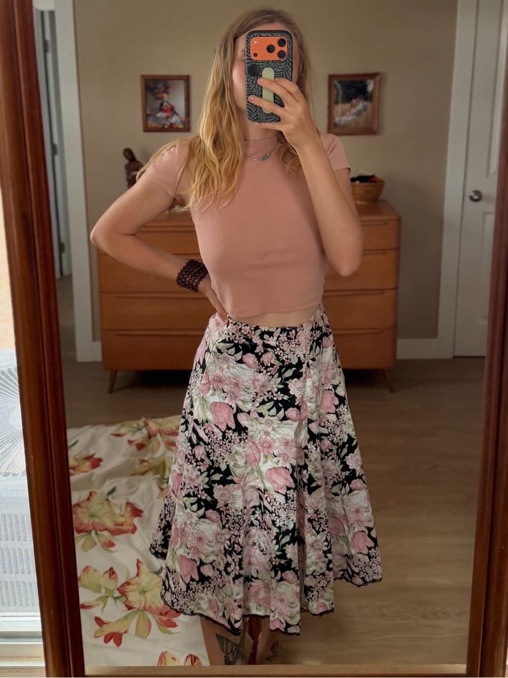 Vintage 90s Black & Pink Floral Midi Skirt